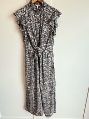 Rebecca Taylor Black & White Floral Tie-Waist Midi Dress 100%Silk